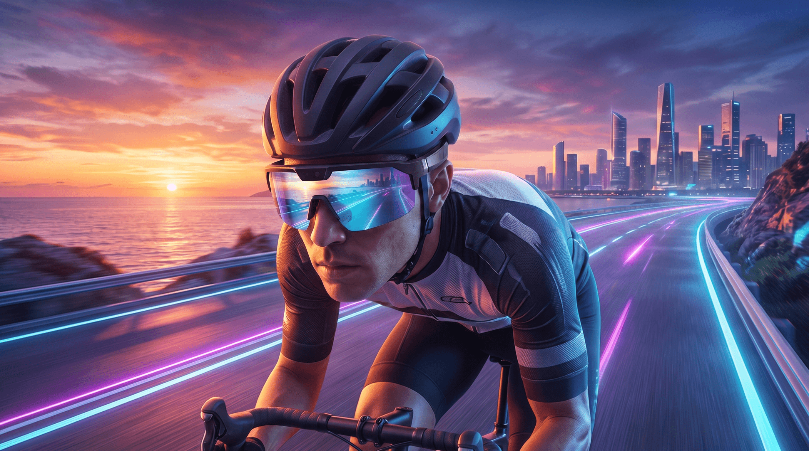 Cycliste portant les lunettes connectées Ewalkers SGQ01 au coucher du soleil